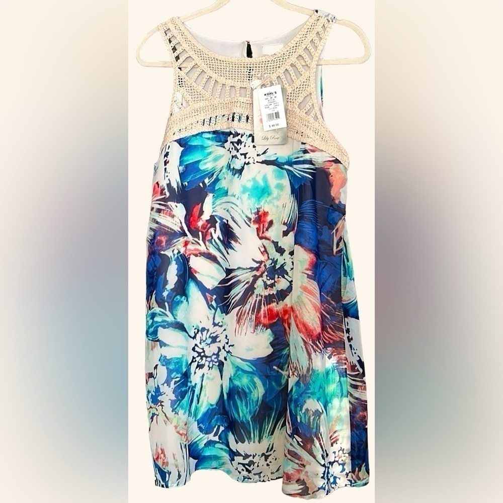 LILY ROSE Crochet Detail Sleeveless Watercolor Floral Shift Dress, Sz Large,NWT.